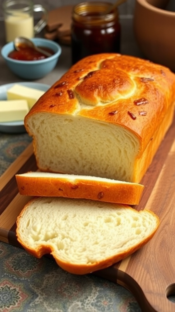 A golden brown sandwich loaf sliced, showcasing its soft texture on a wooden board with butter and jam.